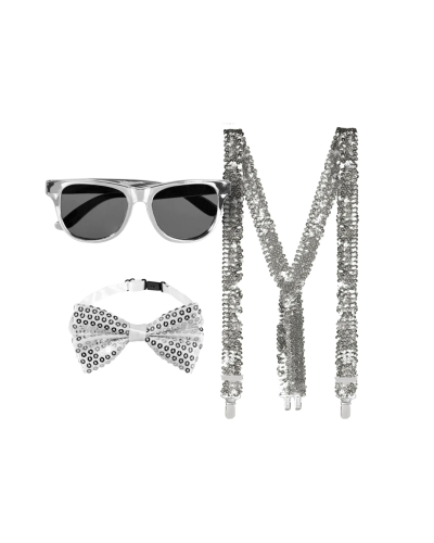Set paillettes argent – Lunettes, nœud papillon et bretelles