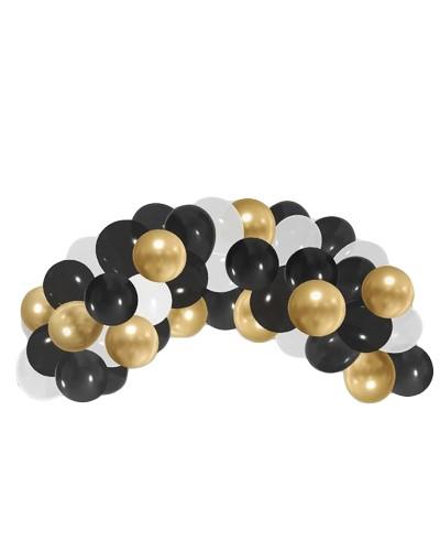 Kit arche à ballons "Bonne Année" – Noir, blanc et doré (40 ballons + 3 m ruban)