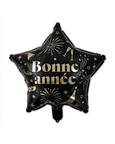 Ballon métallique étoile "Bonne Année" – Noir et doré (35 cm)