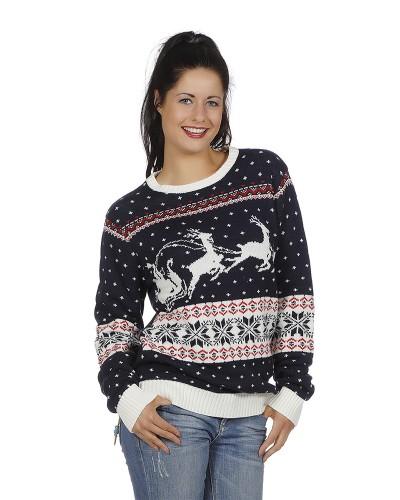 Pull de Noël Marine – Motif Luge & Rennes