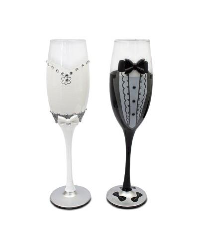 Pack 2 flûtes mariage Monsieur & Madame – Verre élégant avec strass et paillettes argentées