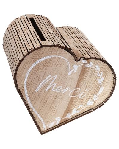 Tirelire Mariage Cœur Merci en Bois Naturel