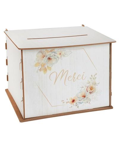 Tirelire Mariage Merci en Bois Blanc Fleuri