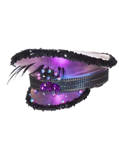 Casquette Burning Man violette à sequins et plumes
