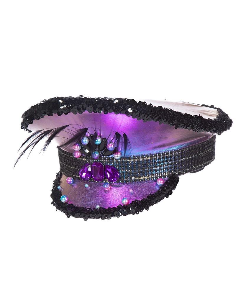 Casquette Burning Man violette à sequins et plumes
