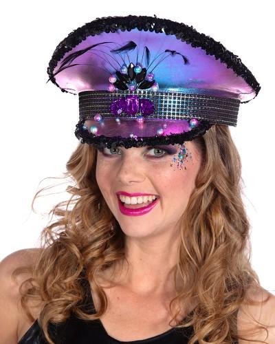 Casquette Burning Man violette à sequins et plumes
