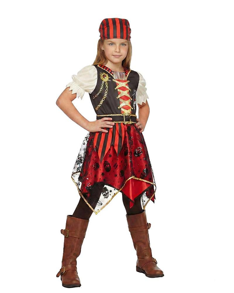 Déguisement pirate fille rouge et noir avec bandana
