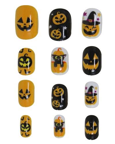 12 Faux Ongles adhésifs Citrouille Halloween